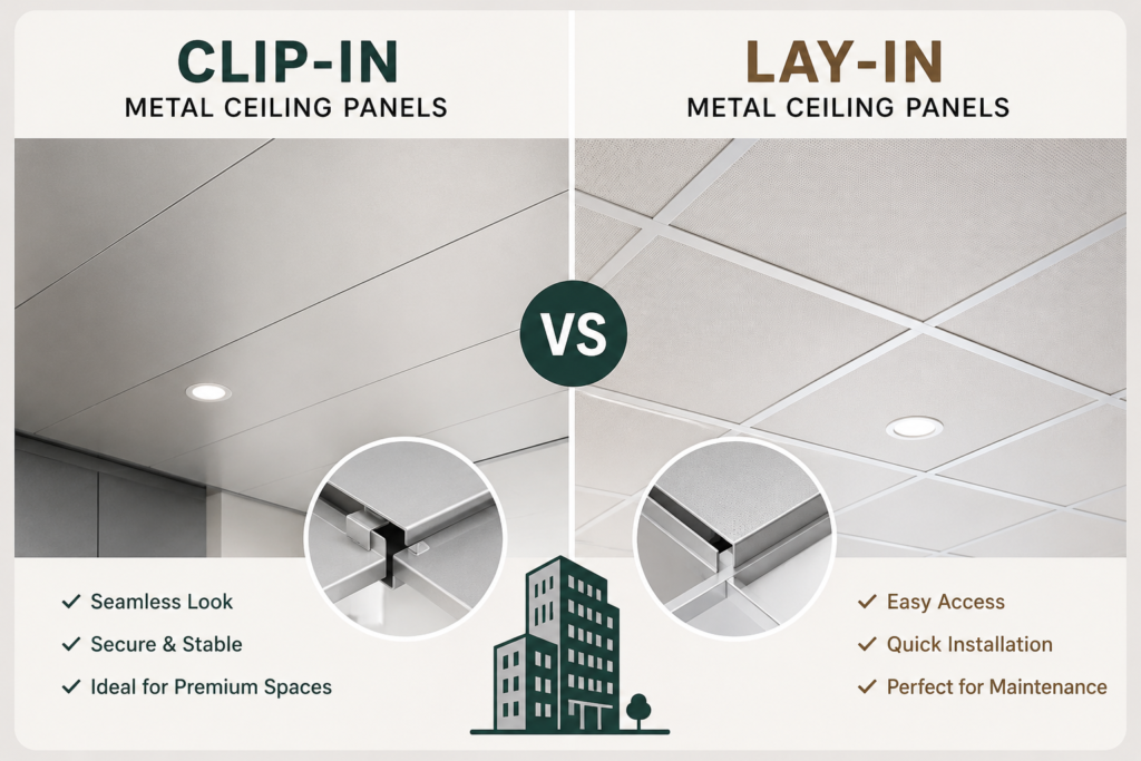 Clip-in vs Lay-in Metal Ceiling Panels: Choosing the Best Fit for Your Space Clip-in vs Lay-in Metal Ceiling Panels